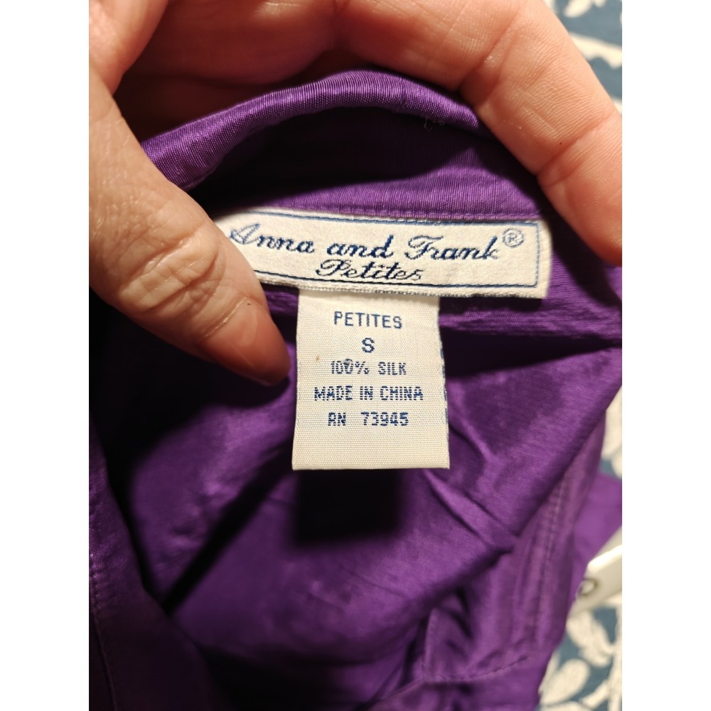 Anna & Frank Womens Silk Long Sleeve Button-Up Shirt Petite Small Purple - Picture 7 of 8